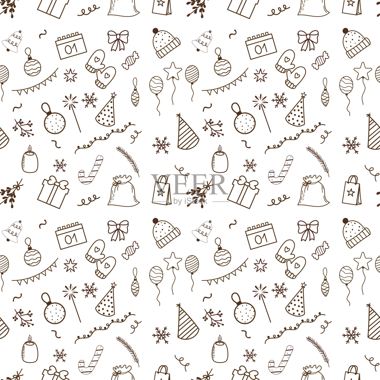 无缝图案与新年涂鸦。插画图片素材