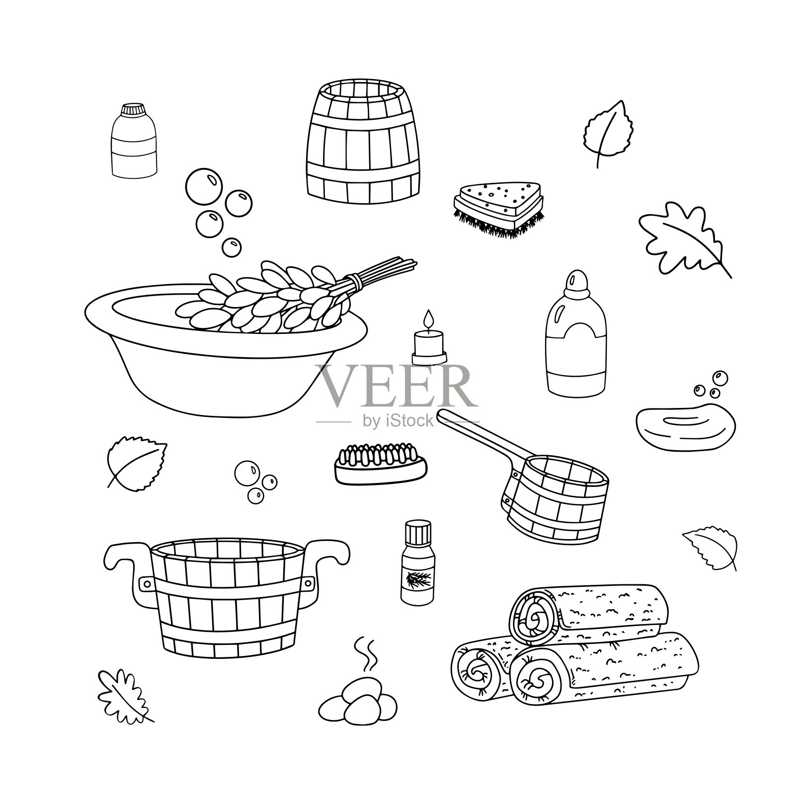 矢量涂鸦插图，桑拿配件，毛巾，罐子，肥皂，洗发水，精油，刷子，肥皂泡，蜡烛，勺子插画图片素材