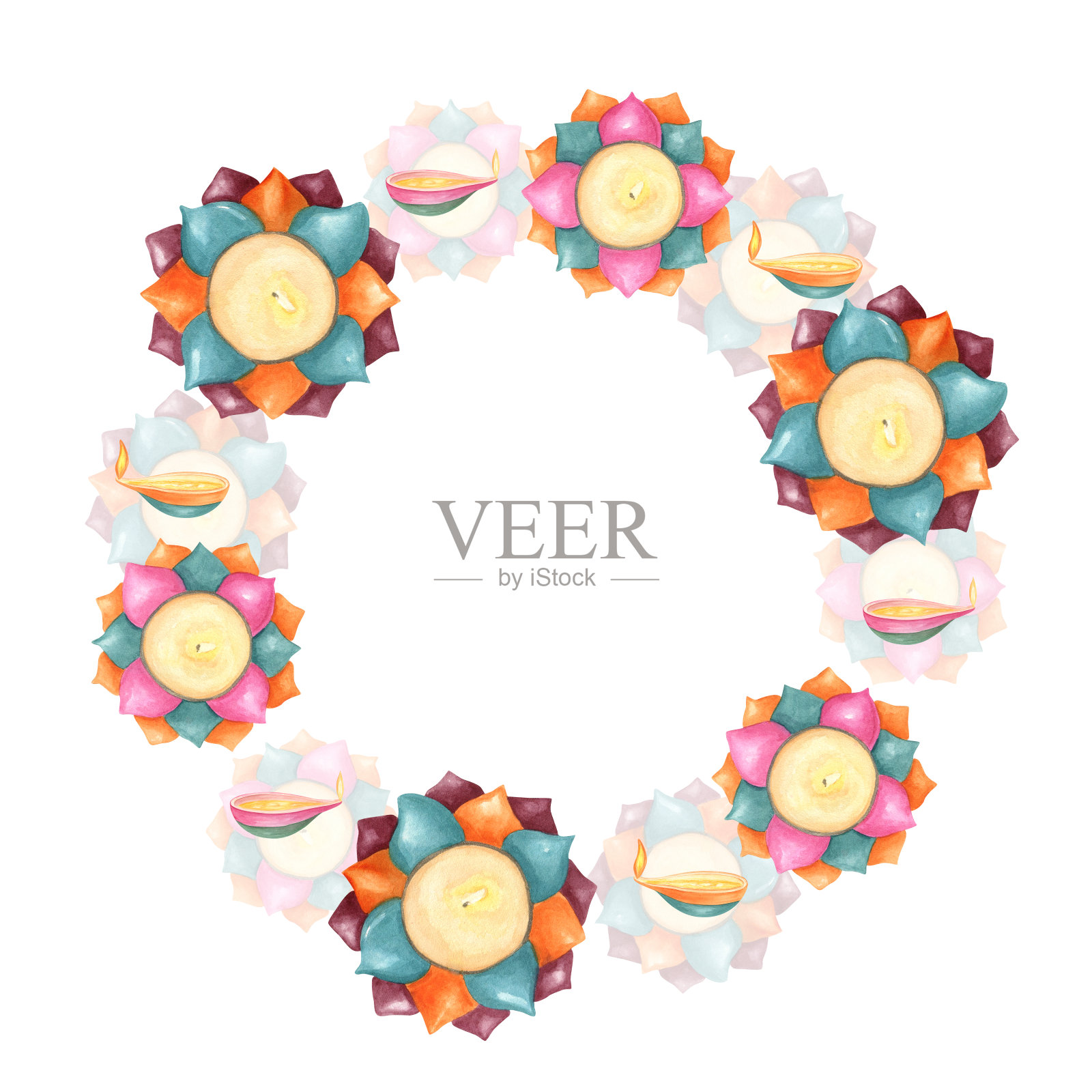 传统的排灯节。节日花环与彩色蜡烛。睡莲形状的蜡烛在燃烧。灯节。水彩孤立插图。文本的复制空间。制作贺卡插画图片素材