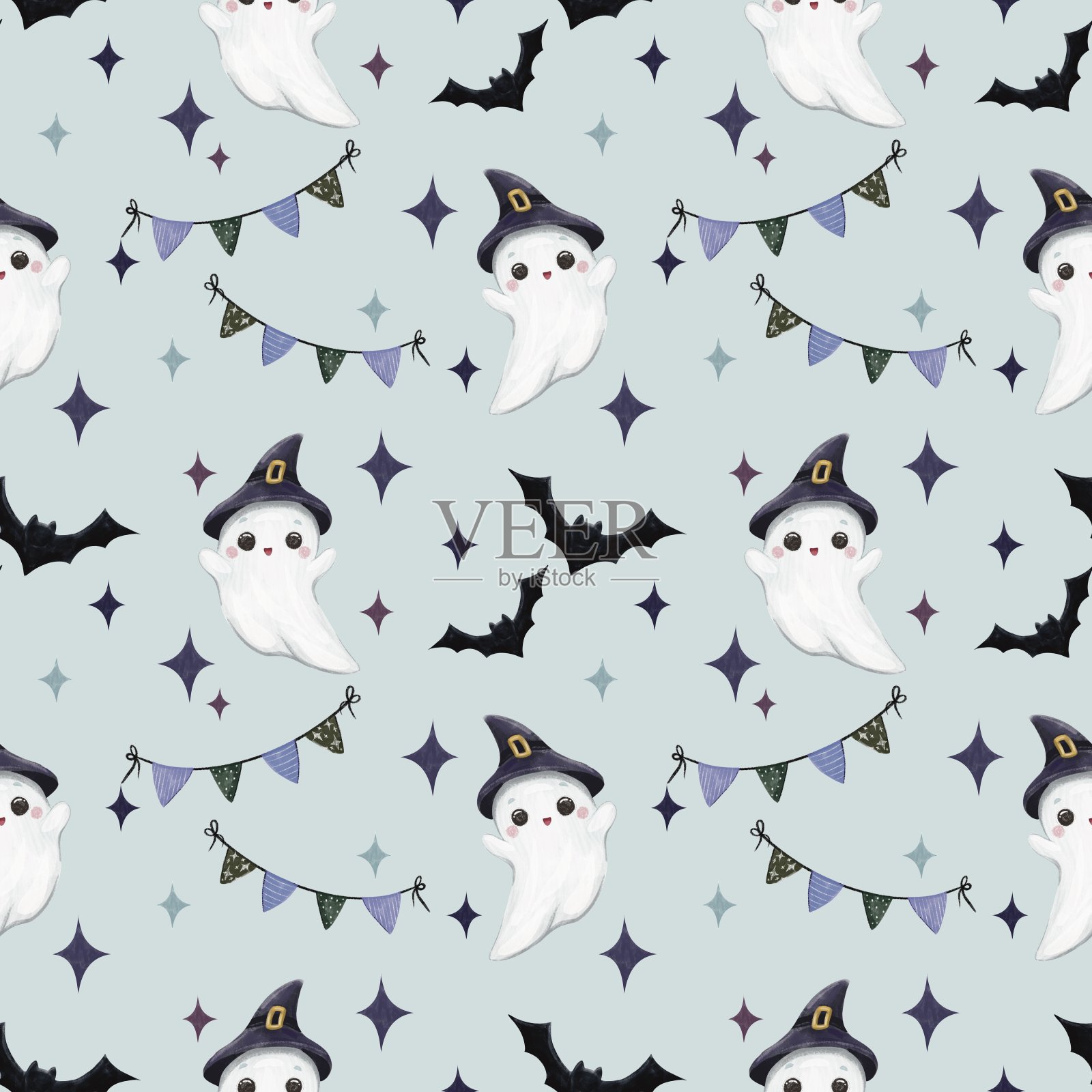 可爱的婴儿鬼魂在彩色背景上无缝图案。万圣节卡通设计插画图片素材