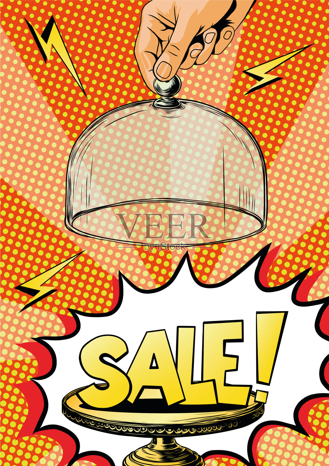 手打开服务圆顶与文字销售!流行艺术背景疯狂销售，限时折扣优惠，促销或特别交易，黑色星期五。矢量动态插图在半色调背景上的复古波普艺术风格。插画图片素材