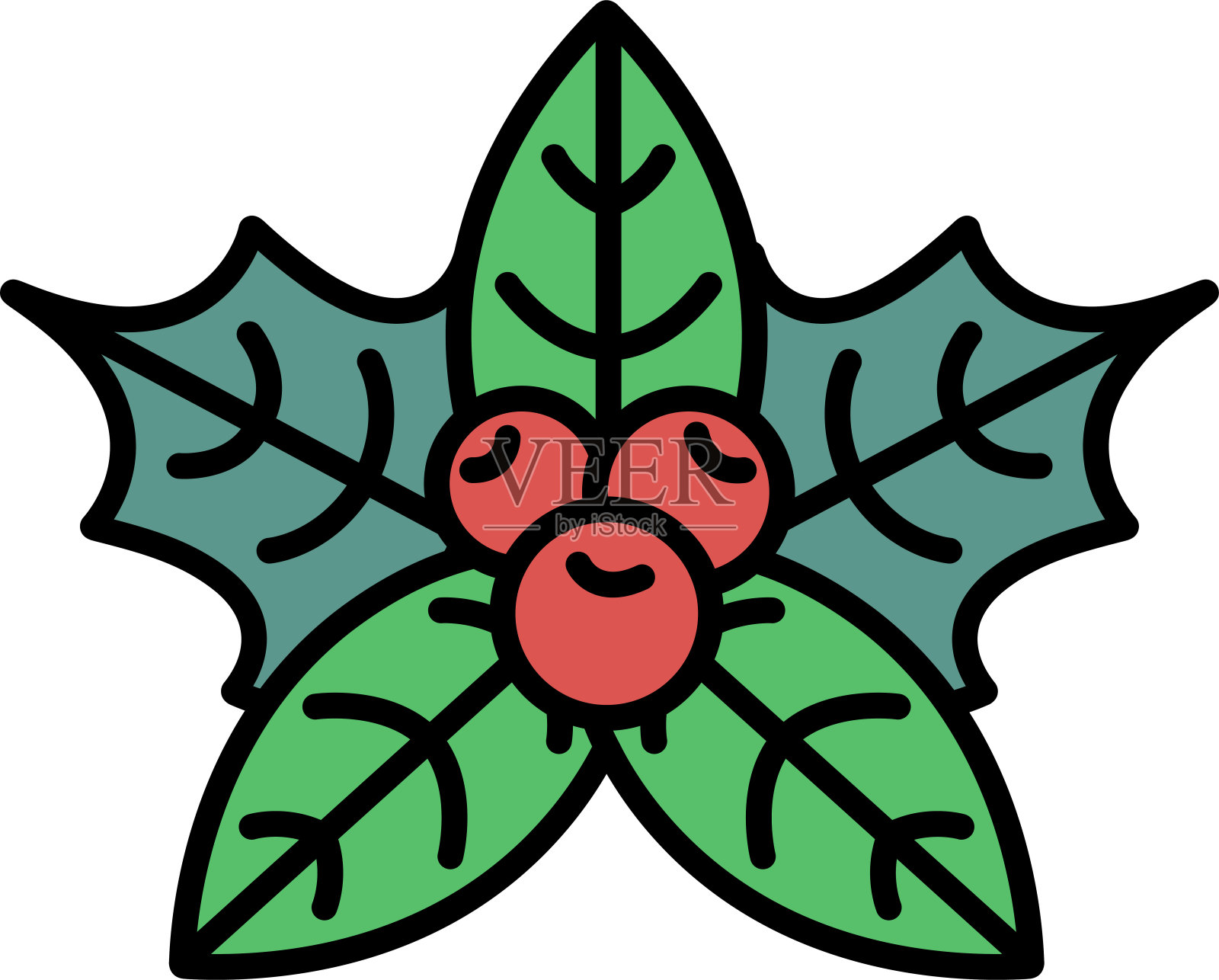 一幅黑白相间的圣诞树叶和浆果的图画插画图片素材