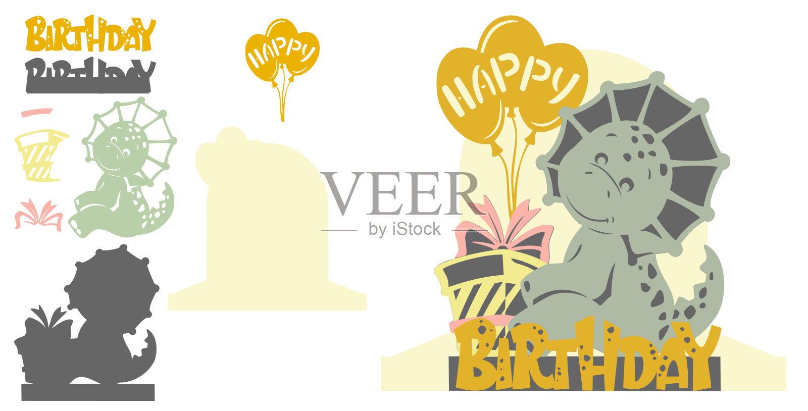 恐龙。三维明信片模板，DAY。矢量布局，可爱的史前动物和植物，剪纸插画图片素材