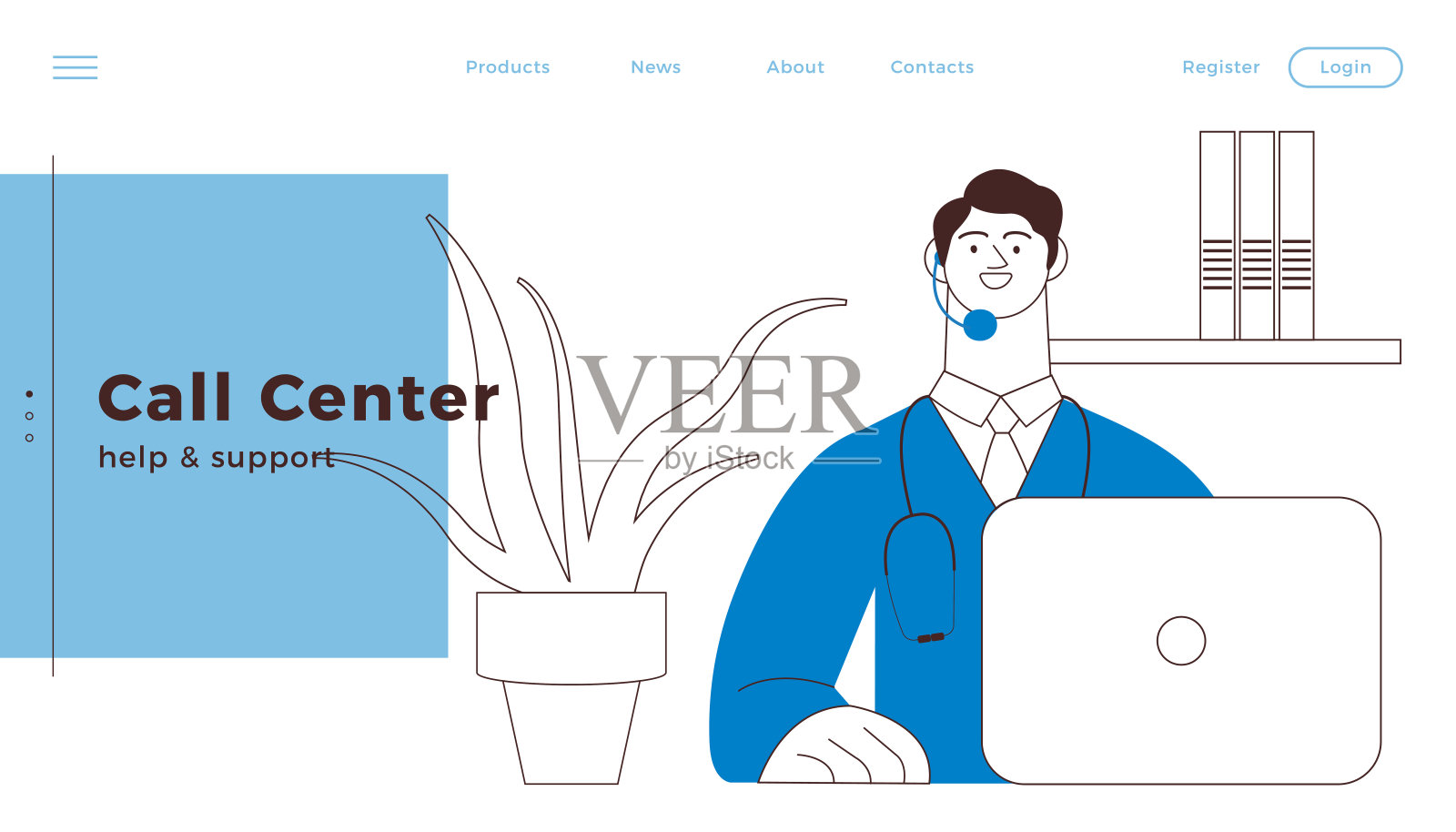 医学专家戴耳机与笔记本电脑在抽象的背景。呼叫中心概念。黑白现代平面矢量插图。网站横幅模板，登陆页模板。插画图片素材