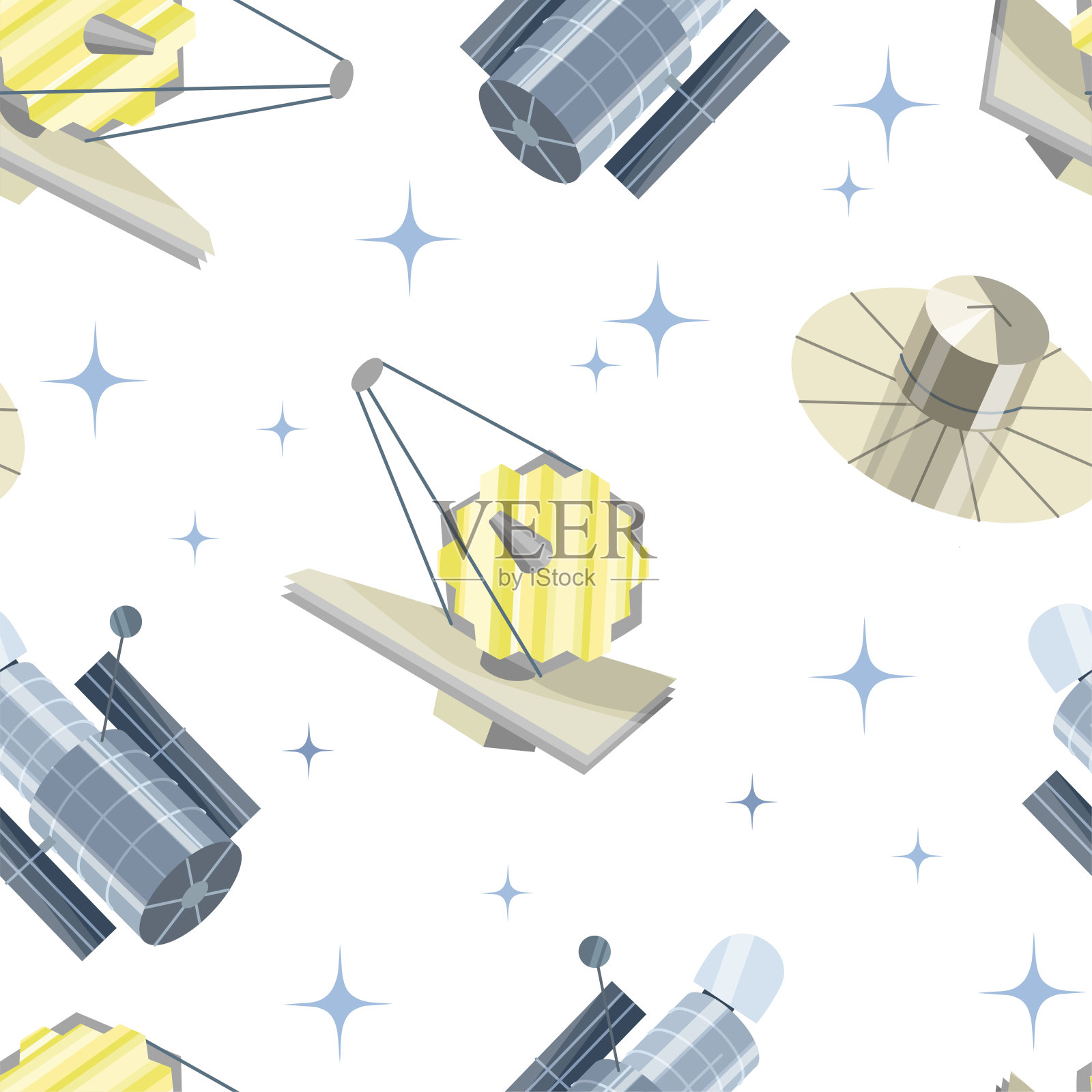 白色背景上的太空望远镜上的星星。无缝模式。矢量插图。插画图片素材