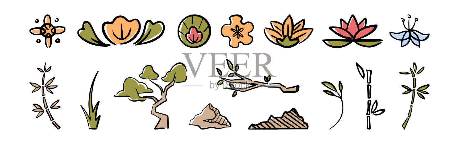 中国风格的自然、花卉和树木涂鸦。向量隔离平面卡通莲花和竹子，山和盆景配件。传统的亚洲和东方装饰元素和装饰品插画图片素材