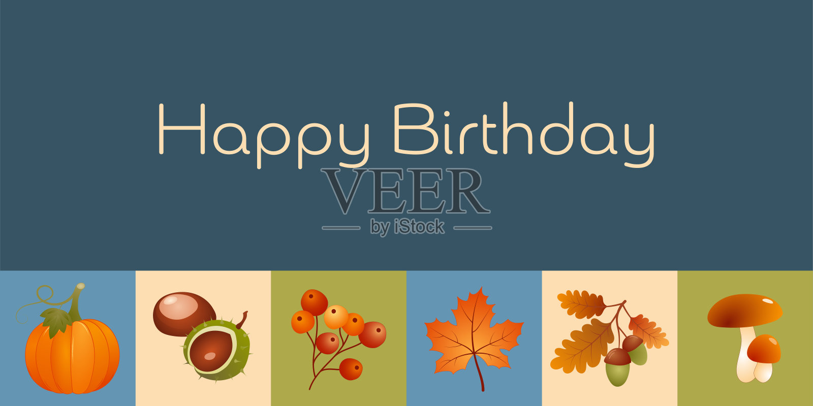 生日快乐。有南瓜、枫叶、橡子、浆果、栗子和蘑菇的卡片。插画图片素材