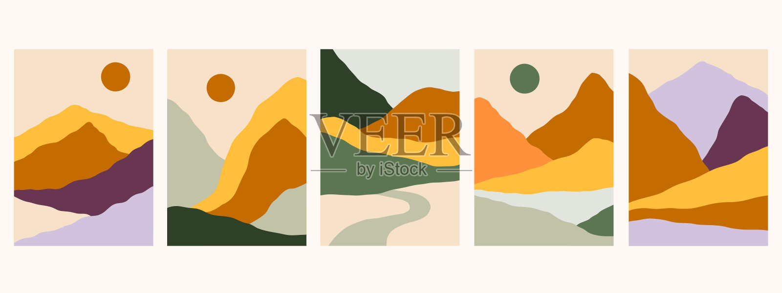 秋季景观矢量插图集。秋山风光版画。户外简单抽象图形插画图片素材