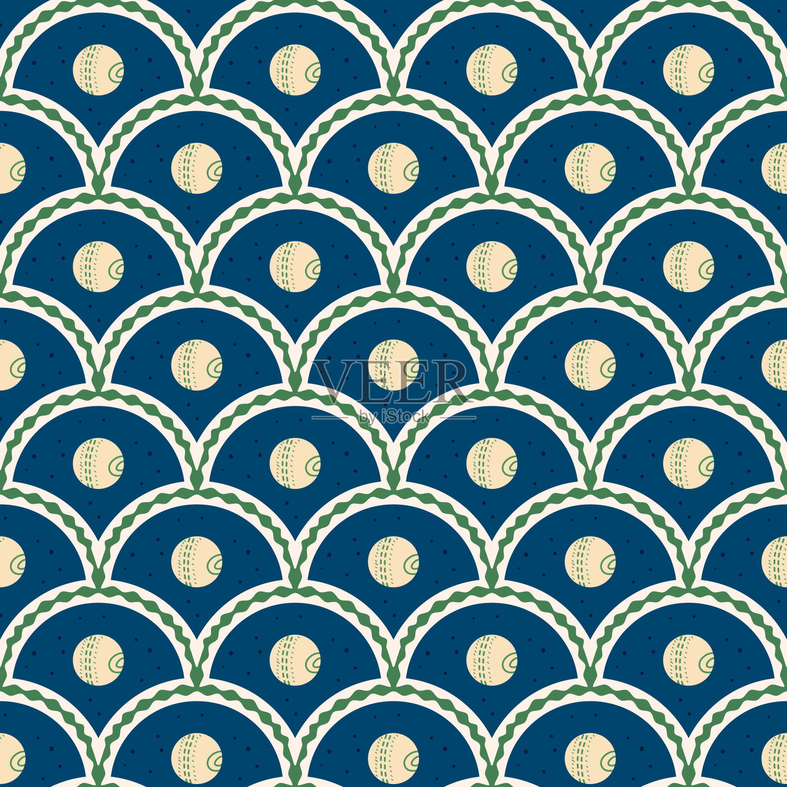 板球扇贝无缝图案。运动连续表面设计。矢量手绘插图。插画图片素材