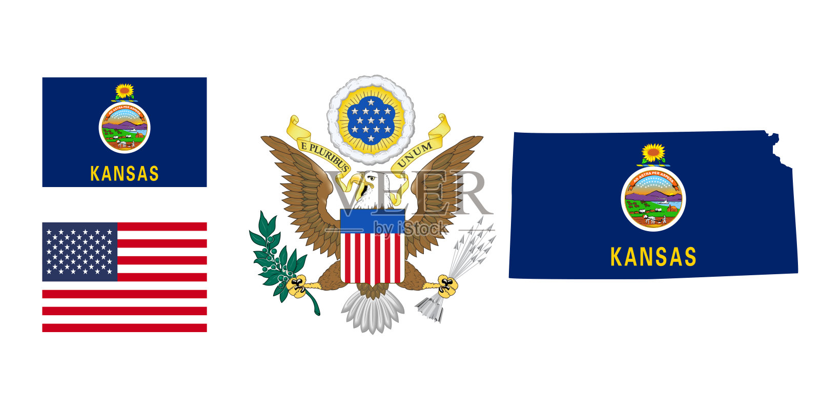 美国堪萨斯州。美国国徽。美国国玺。堪萨斯州的旗帜和领土。美国的领土。单独的状态。矢量图插画图片素材