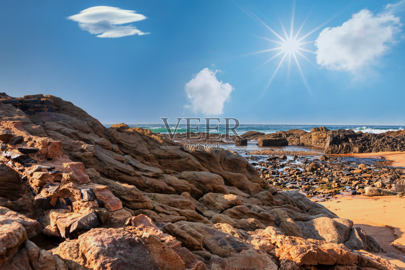 海浪海海洋景观，岩石海岸，德班巴利托湾，照片摄影图片