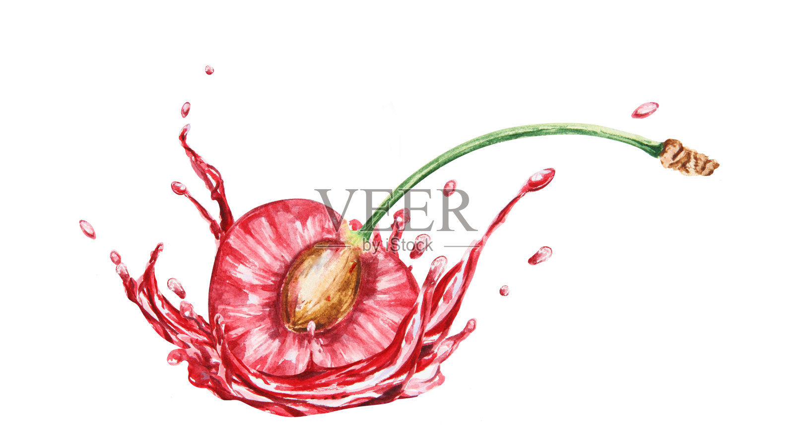 红樱桃在飞溅。多汁的手绘水彩插图。美味的美食艺术，清新的植物写实绘画。夏季浆果剪贴画菜单，印刷品，农产品，素食产品的包装插画图片素材