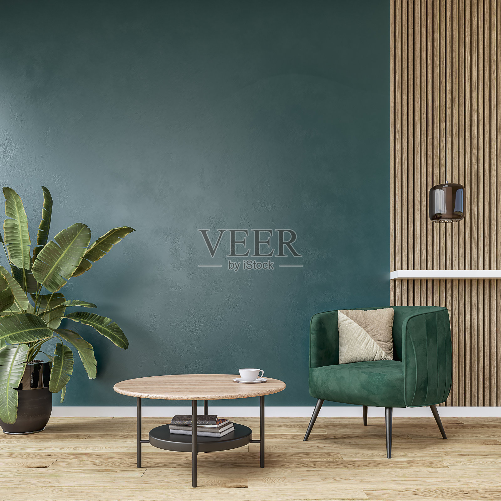 现代内饰:客厅配有柔软的绿色天鹅绒扶手椅，低矮的咖啡桌，深绿色和硬木镶板的墙壁背景和装饰照片摄影图片