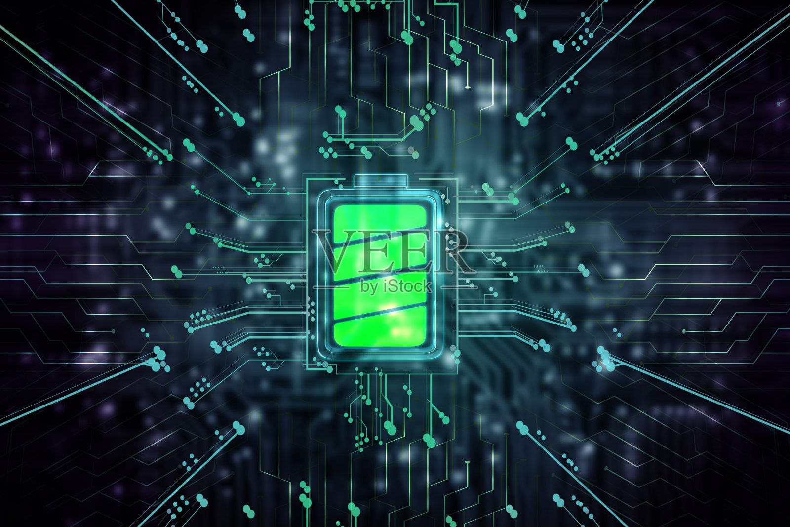 发光的绿色电池与数字电路在未来的黑暗背景照片摄影图片