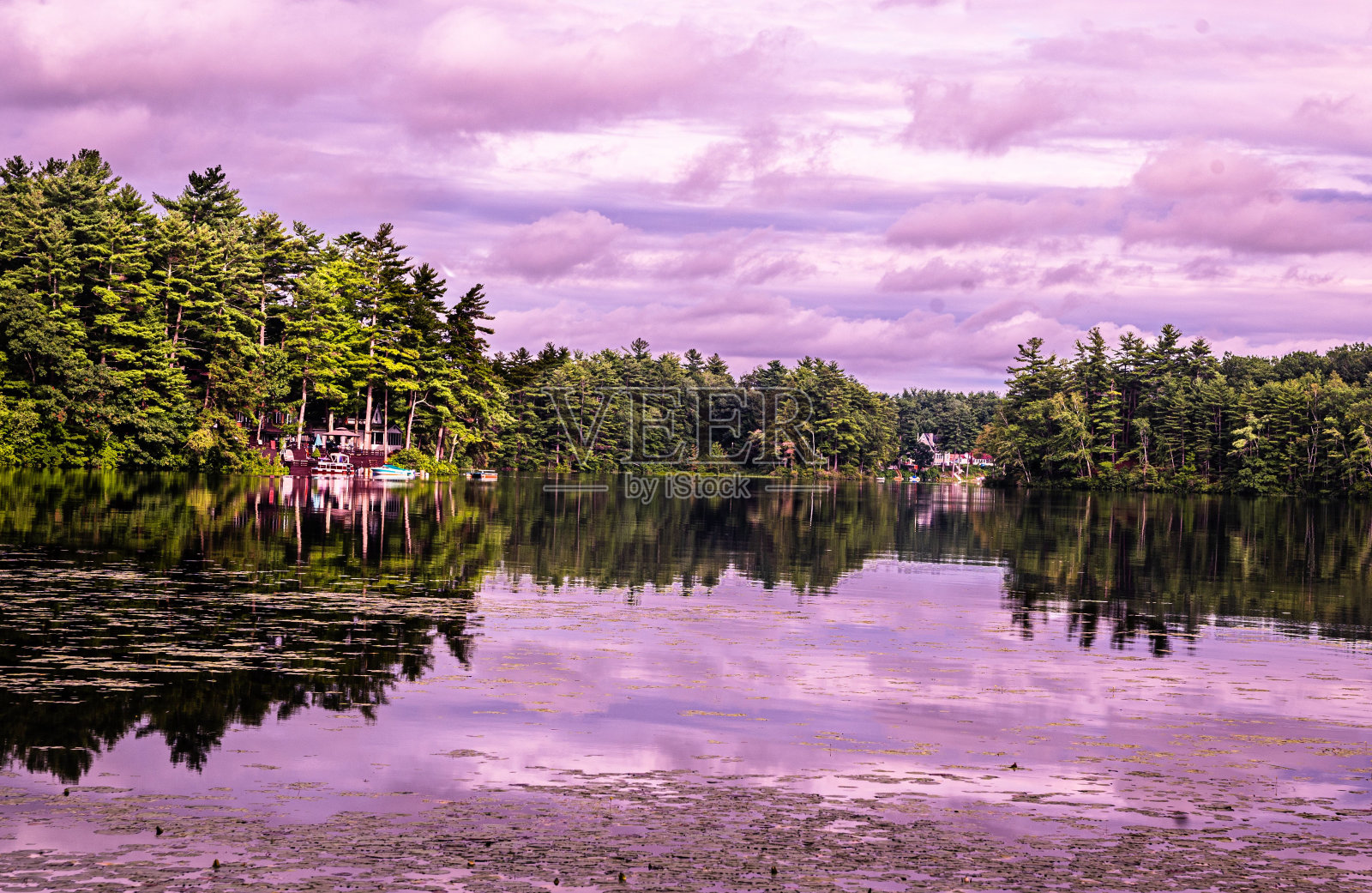 风景优美的湖泊被茂密的森林包围，在多云的天空下反射在水面上照片摄影图片
