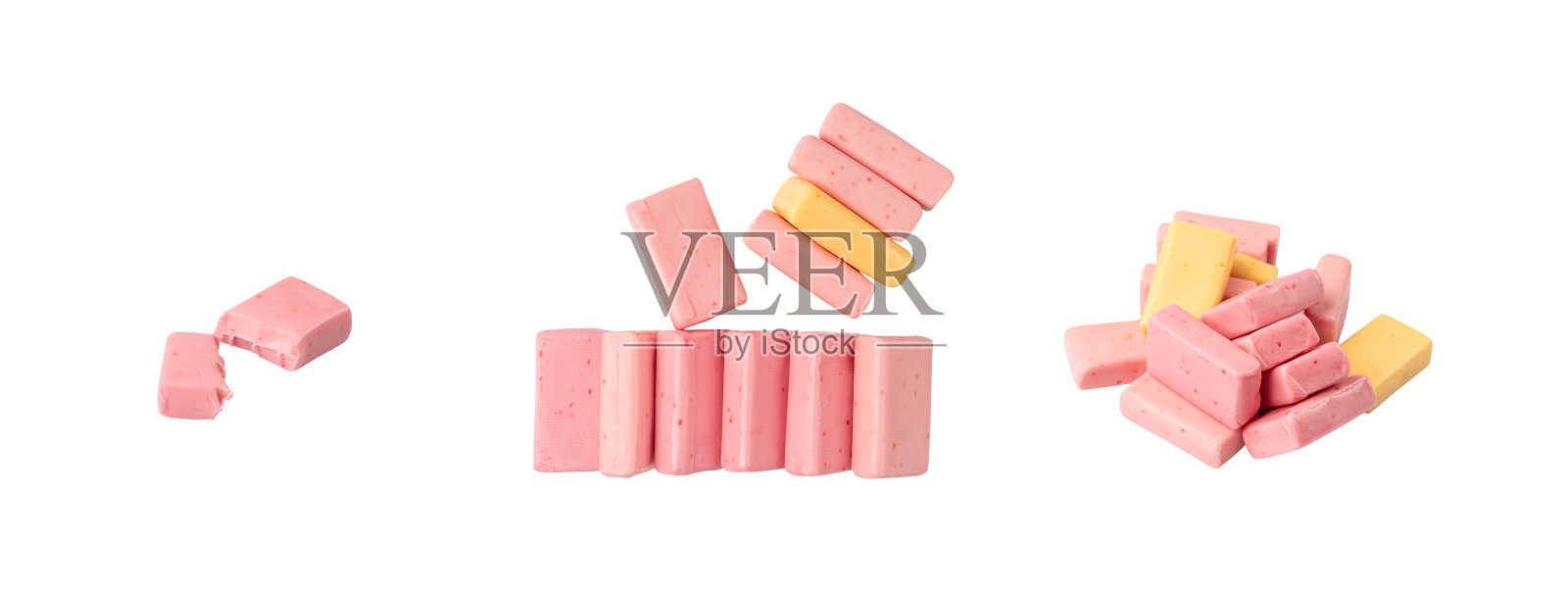 采购产品水果咀嚼孤立，粉红色的可咀嚼糖果，水果咀嚼糖果堆，方形太妃糖，彩色软糖照片摄影图片