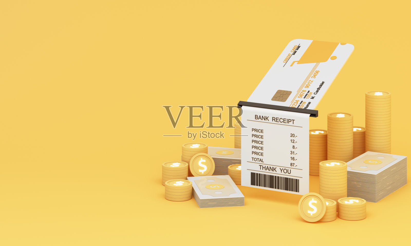 用信用卡在手机上结账。用手机支付账单。网上购物支出。通过智能手机网上购物。账单付款收据。移动支付、购物、银行的3d渲染。照片摄影图片