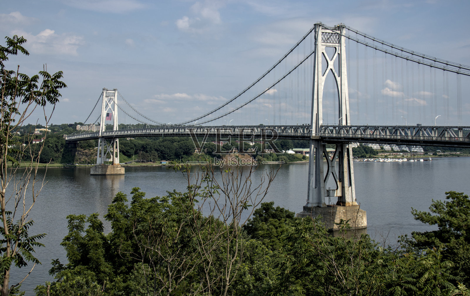 中哈德逊桥到波基普西，纽约从高地(悬索桥横跨河流)风景地标(行人和自行车道，汽车车道高速公路)谷纽约州照片摄影图片