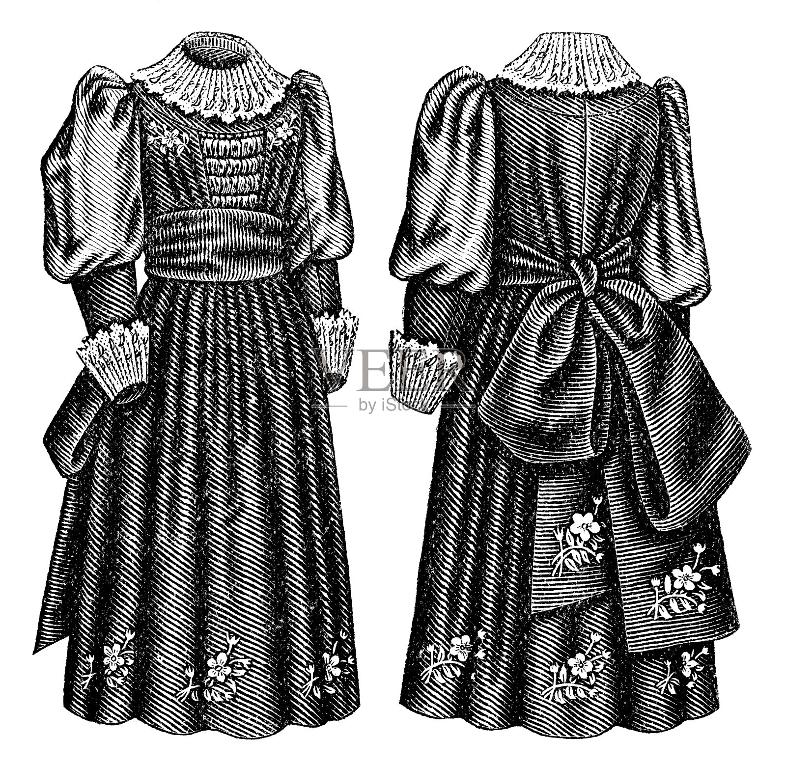 19世纪90年代维多利亚时代的时尚，19世纪的小女孩丝绒日装，有主教袖和绣花裙(正面和背面)插画图片素材