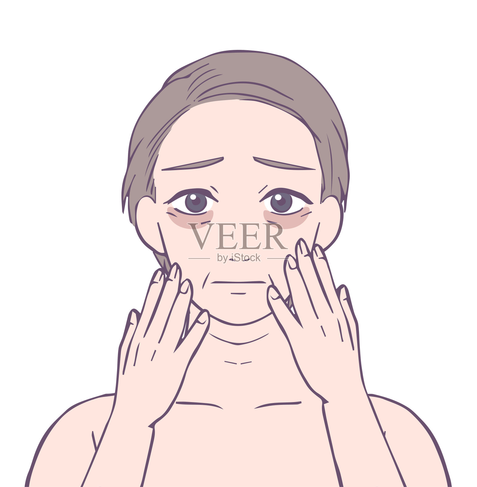 中间女性上半身黑眼圈和困扰的脸，美丽插图插画图片素材