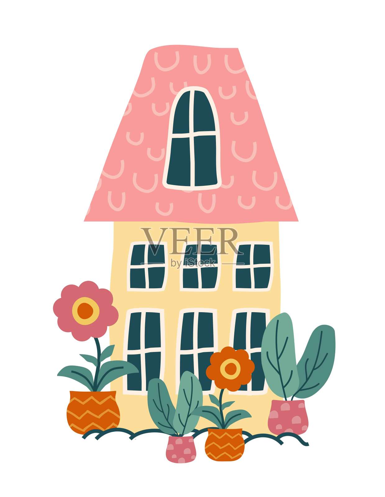 可爱，时髦的房子，花。一个孤立在白色背景上的元素。平面风格，手绘。用于卡片，印刷，明信片，印刷，横幅。矢量艺术插图。插画图片素材