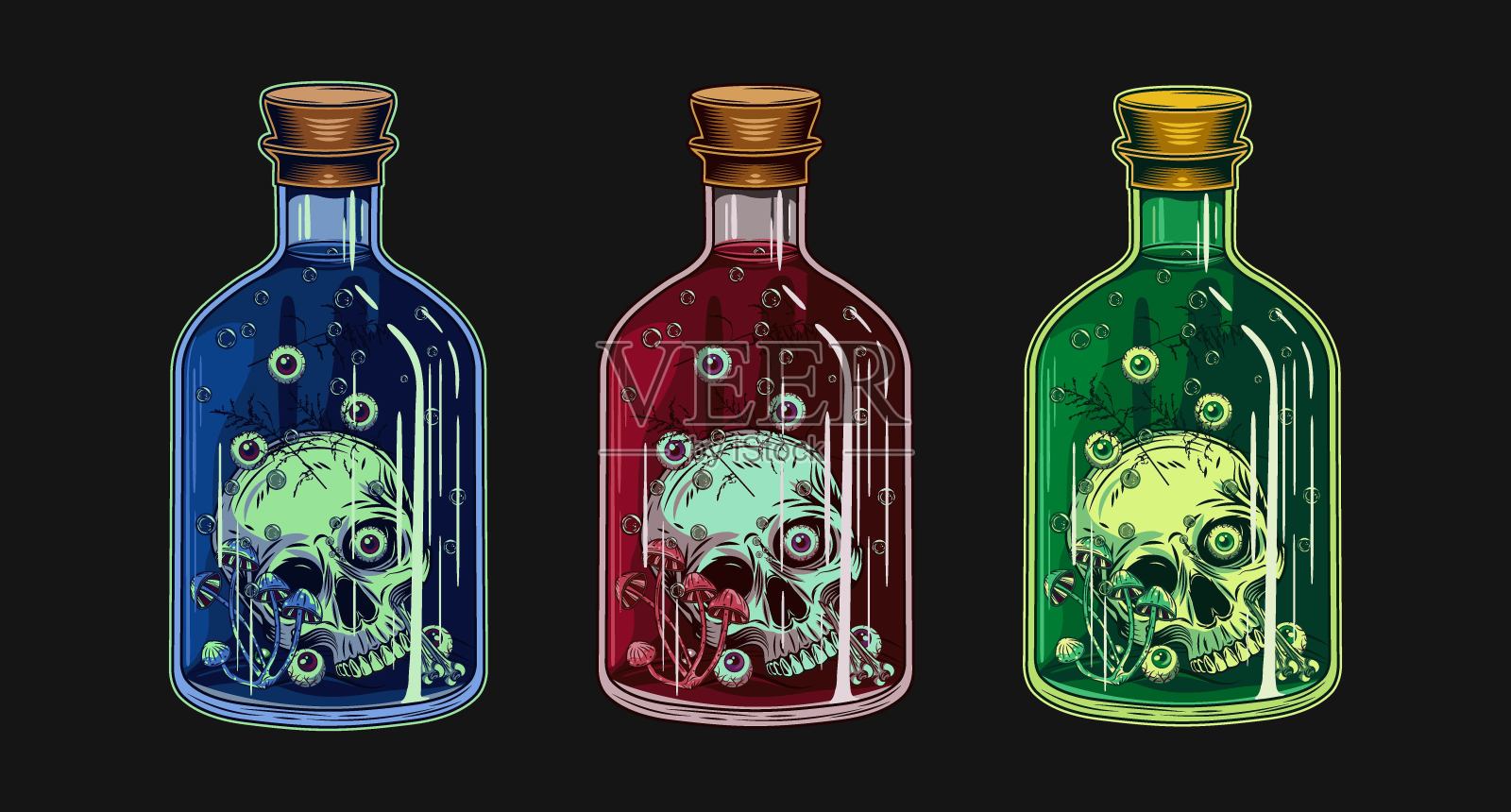 五颜六色的瓶子，里面有骷髅药水插画图片素材