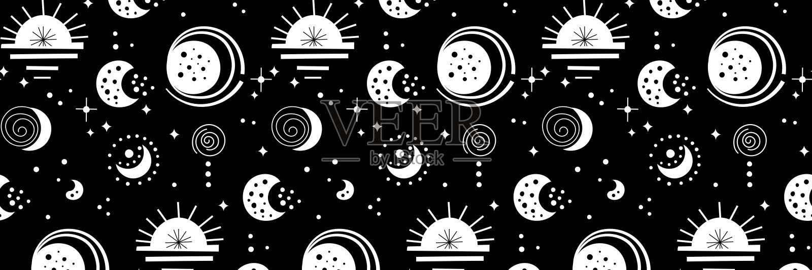 无缝的新民间图案与月亮，云，太阳和星星，黑白天体设计。集新民间风格无尽的背景完美的纺织品设计。插画图片素材