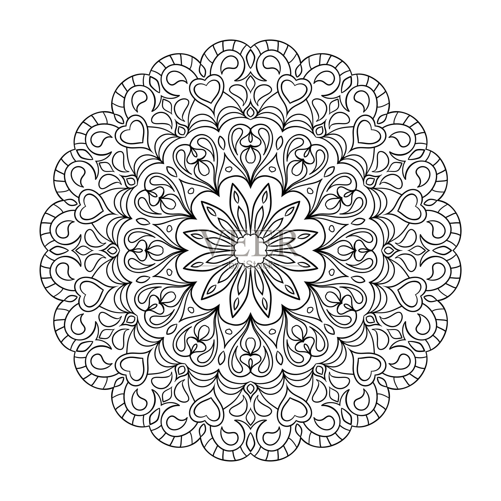 手绘曼陀罗，简单的轮廓完美的放松着色书，图案，瑜伽，计划，日历。波西米亚曼荼罗设计插画图片素材
