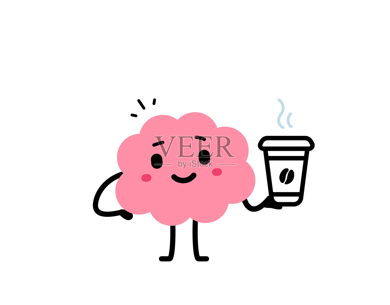 矢量卡通插图可爱快乐的大脑持有咖啡杯白色的背景。平面涂鸦风格设计的微笑脑字符和咖啡休息插画图片素材