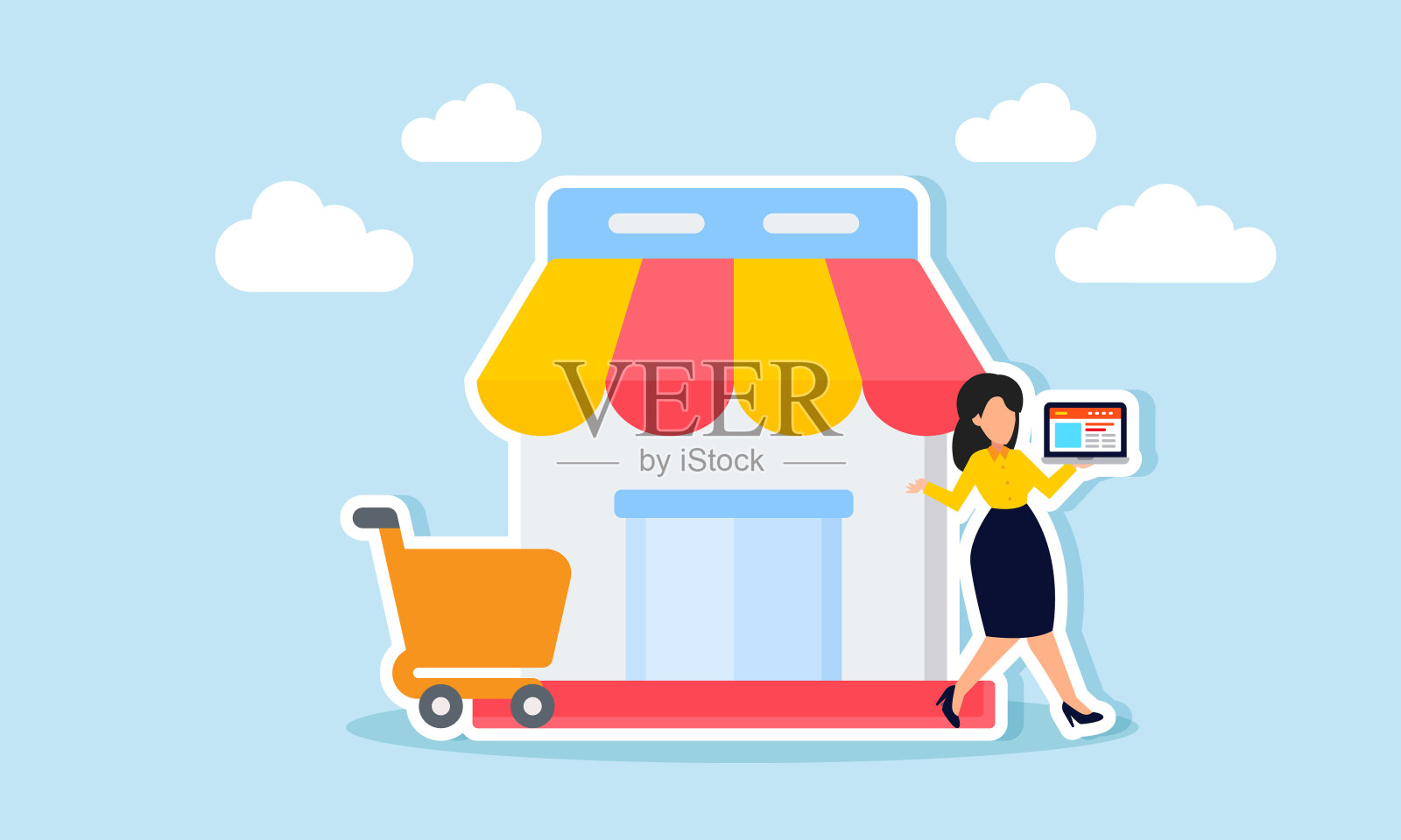 高效和有效地管理产品市场账户，精心设计以吸引客户的概念。一个女商人组织她的商业市场账户插画图片素材