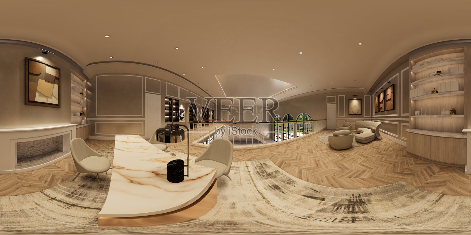 现代豪华的内饰。客厅和餐厅的装饰。3d渲染内部。卧室和步入式衣橱。照片摄影图片