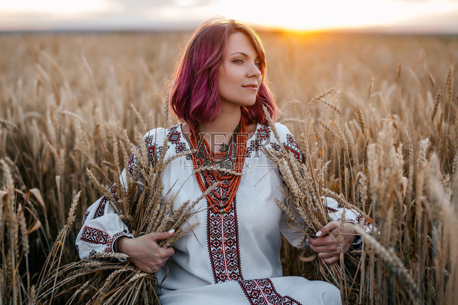 身着传统民族服装的乌克兰妇女坐在夕阳下的麦田里照片摄影图片