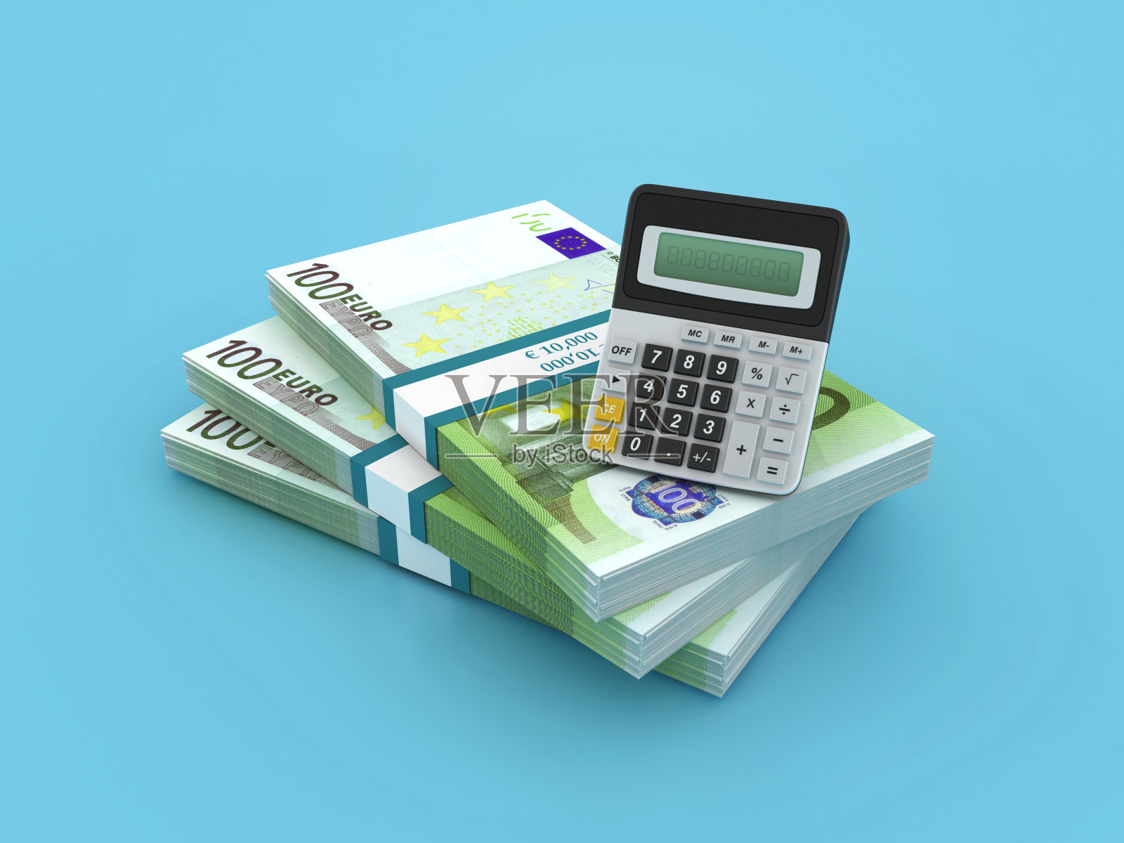 3D计算器上的欧元银行票据包照片摄影图片