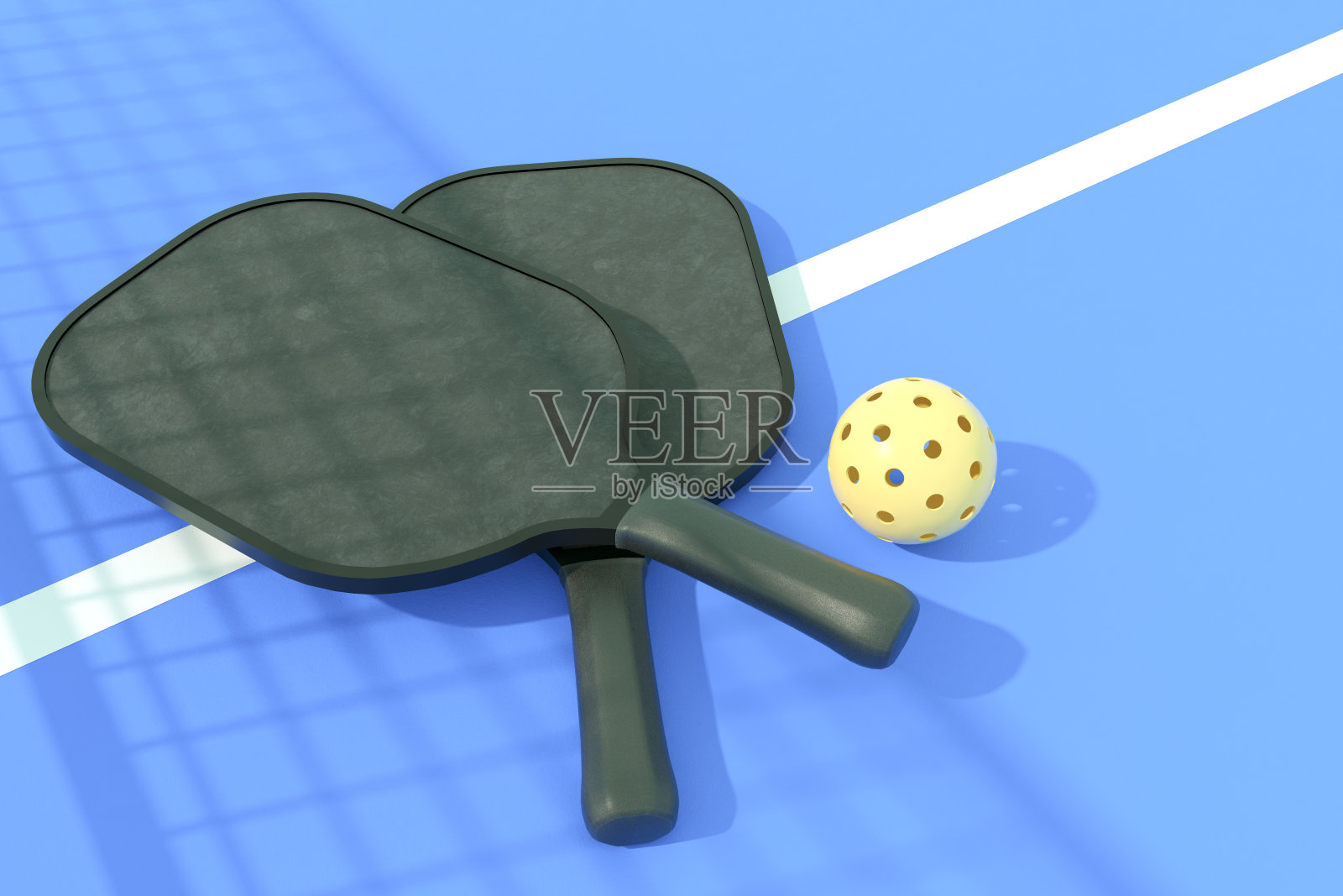 匹克球的球拍和球在球场上照片摄影图片