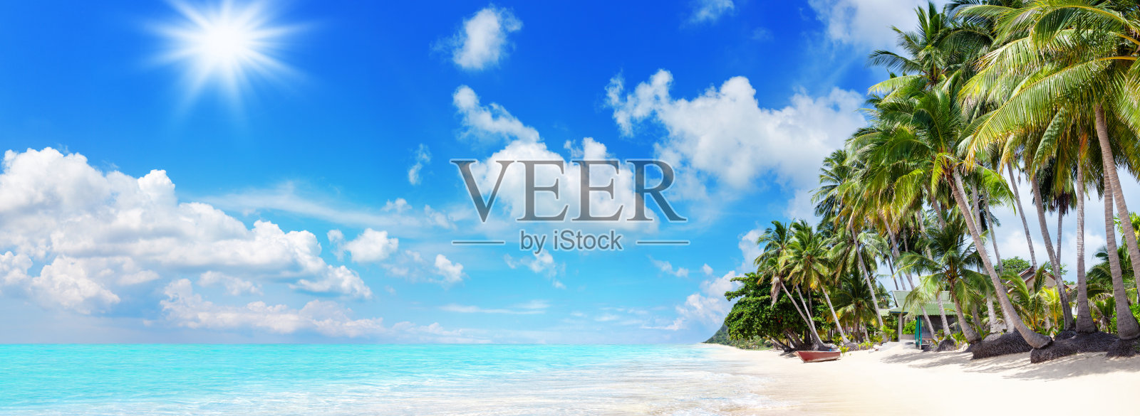 热带岛屿天堂大海沙滩美丽的全景景观，绿松石海水，椰树棕榈树，白色的沙滩，太阳蓝天云，暑假度假旅游，加勒比海，马尔代夫，泰国照片摄影图片