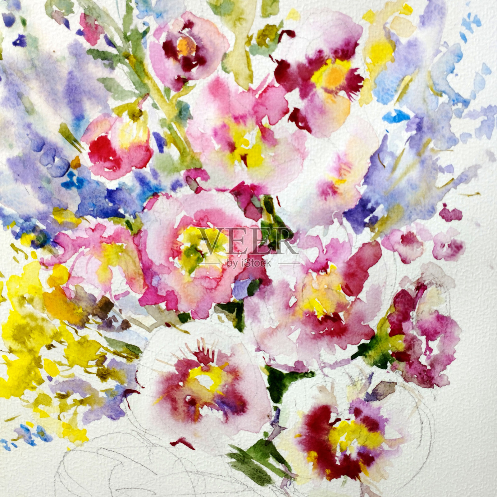 抽象明亮的彩色装饰背景。手工花卉图案。美丽温柔浪漫的花束插画图片素材