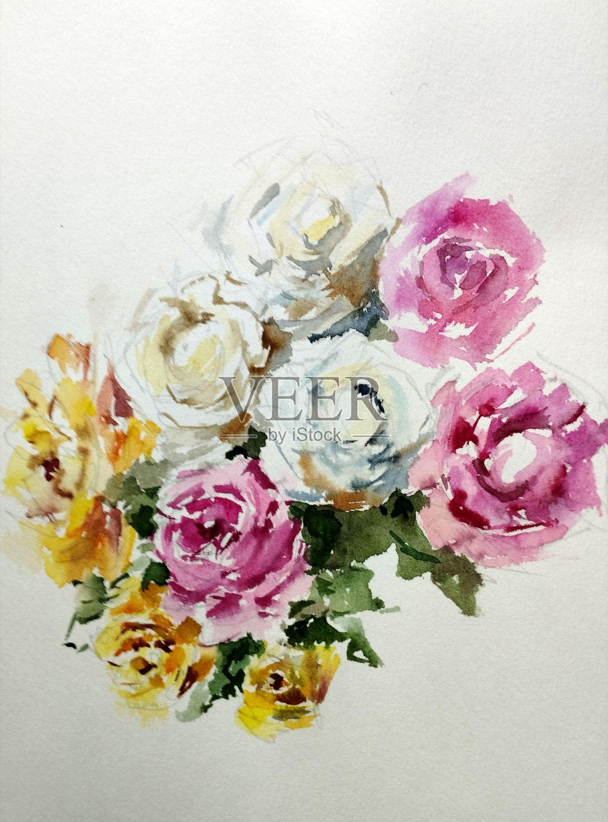 抽象明亮的彩色装饰背景。手工花卉图案。美丽温柔浪漫的花束插画图片素材