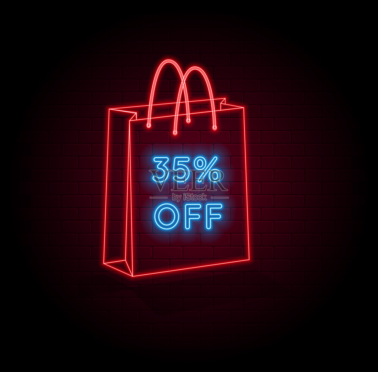 打35%。打35折。霓虹风格。砖墙背景在红色。带有装饰物的销售标志。价格标签。3D购物袋。促销横幅和海报。矢量图. .插画图片素材