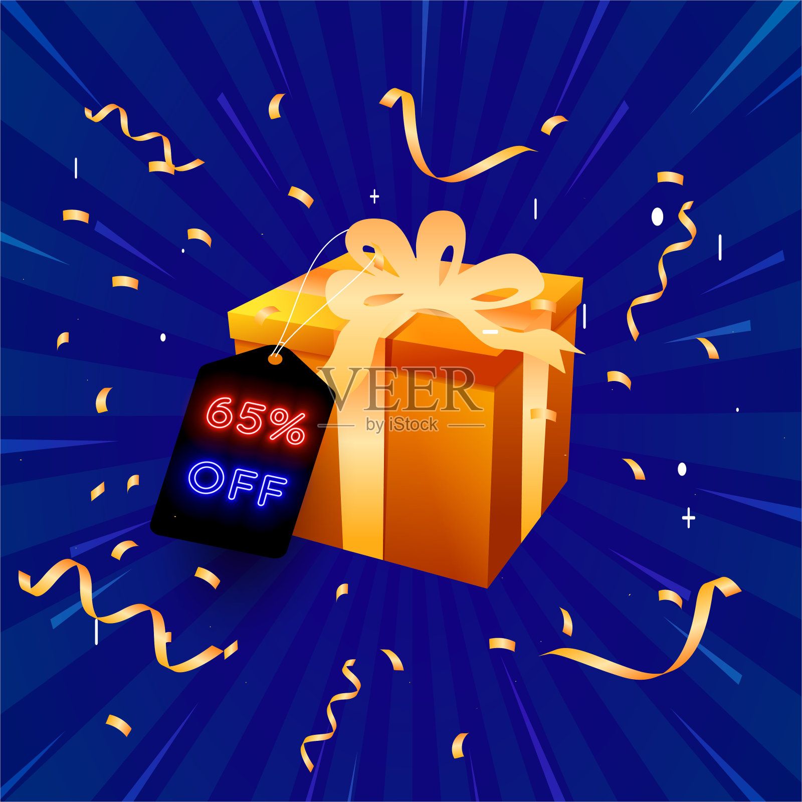 打65%。创意组合的折扣。蓝色和黄色。霓虹风格。销售标志与装饰物品，金色纸屑，讲台和礼品盒。促销横幅和海报。矢量插图。插画图片素材