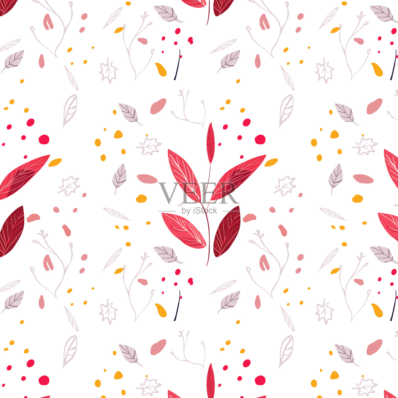 秋天的无缝图案在白色的背景与粉红色和红色的树叶和树枝。理想的织物，文具，家居装饰插画图片素材