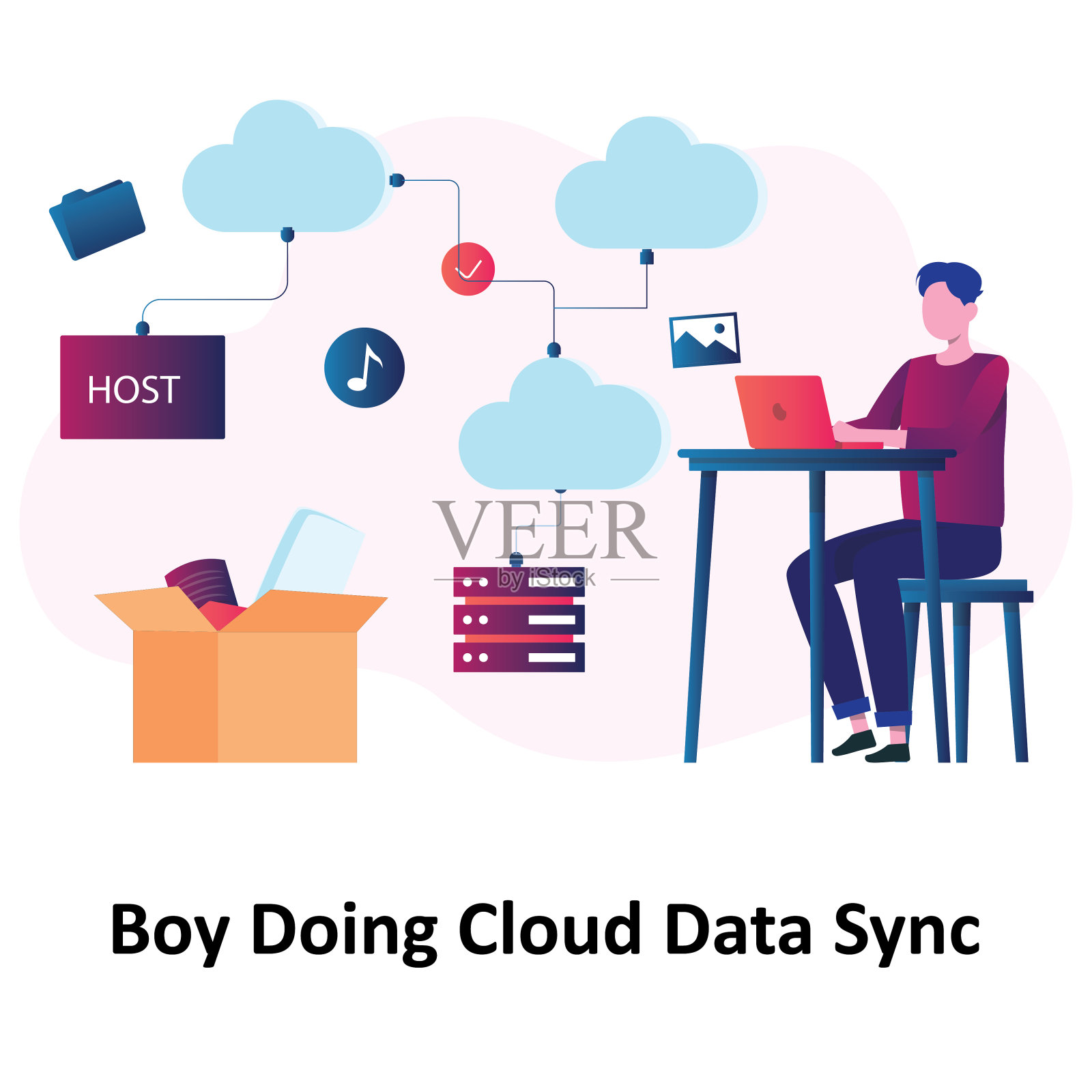 男孩做云数据同步:矢量图标，可以很容易地修改或编辑插画图片素材