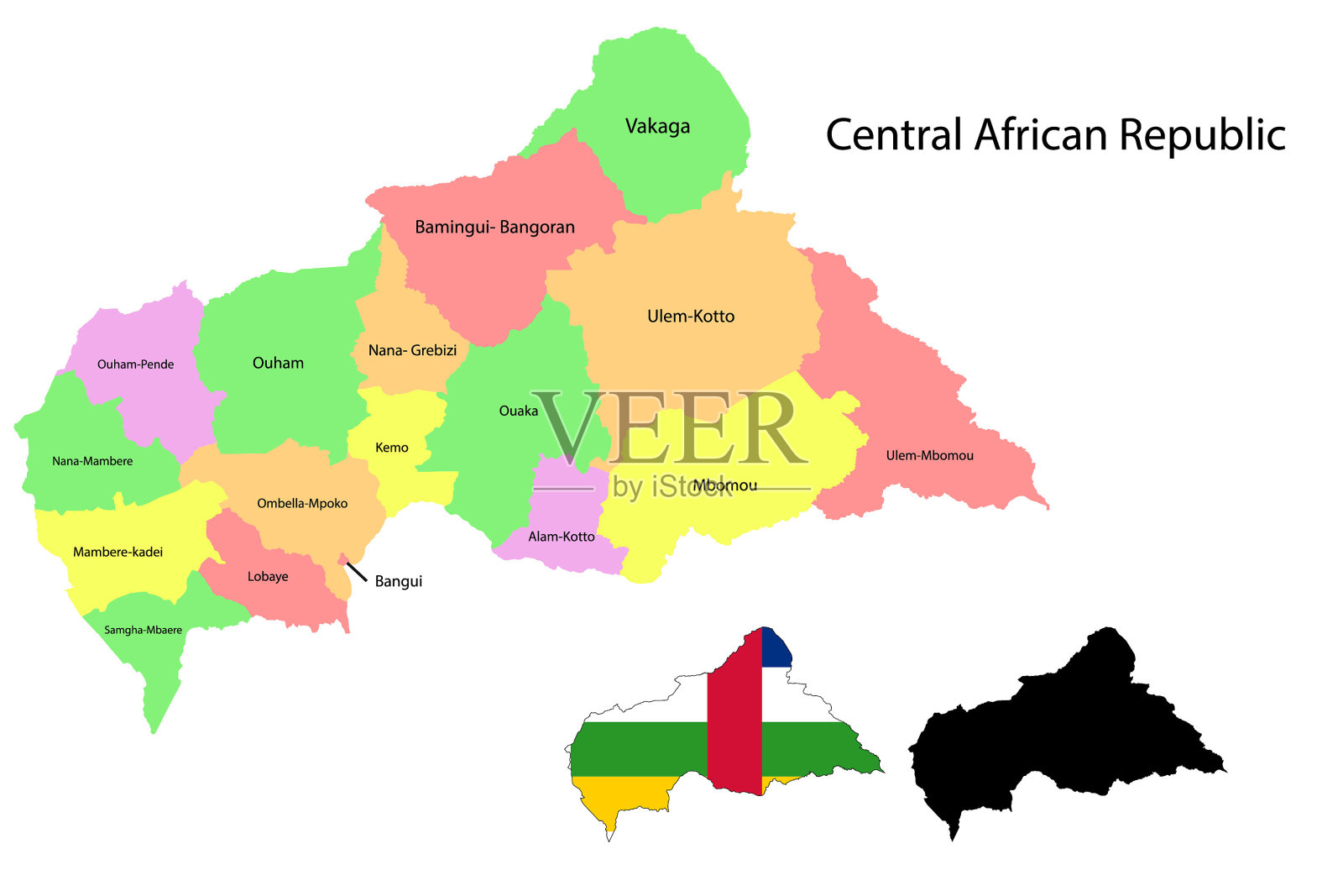 中非共和国行政区划。中非共和国国旗和地图插图矢量。中非共和国各区插画图片素材