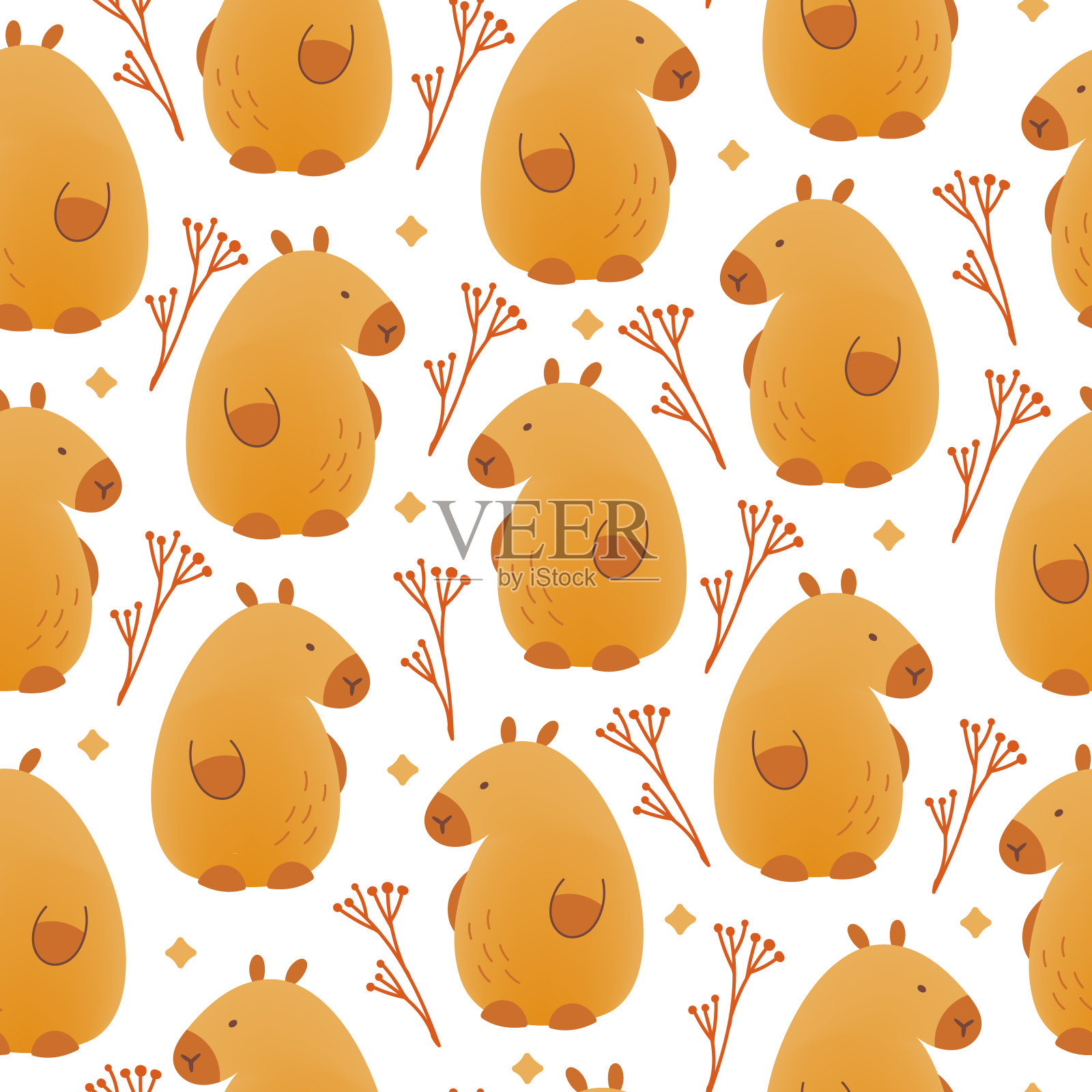 水豚花和叶无缝图案在白色的背景。可爱的卡通动物矢量插图。孩子们打印平面风格与网格梯度。插画图片素材