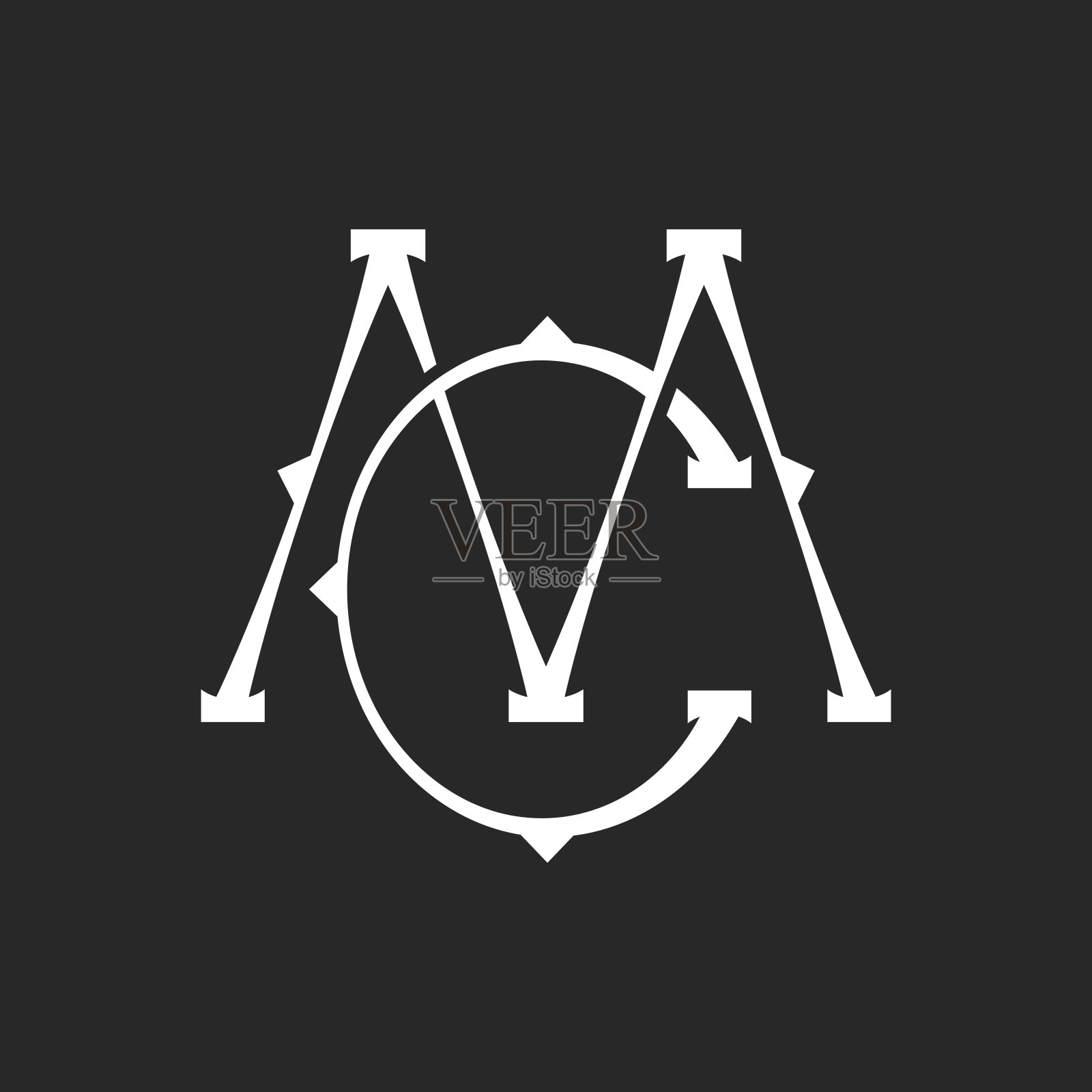 首字母MC或CM字母组合设计，具有艺术的两个字母M, C和细线几何元素，这个创造性的插图结合了经典的排版。插画图片素材