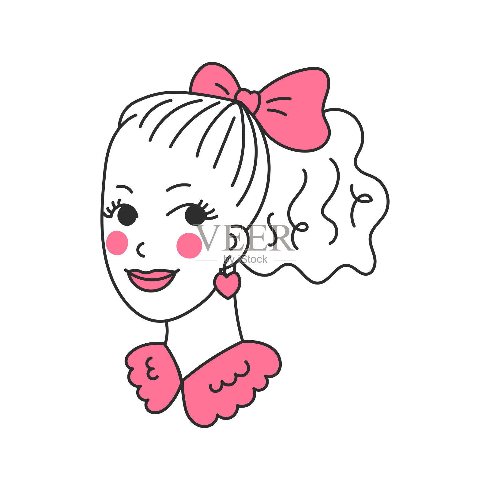 风骚的微笑年轻女子肖像与系蝴蝶结头发插画图片素材