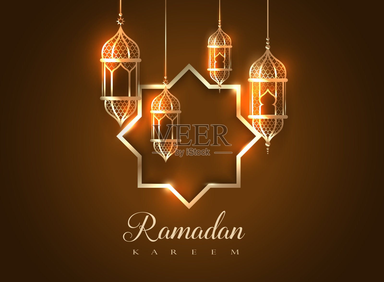 优雅的斋月卡里姆庆祝卡，金色灯笼悬挂和星星插画图片素材