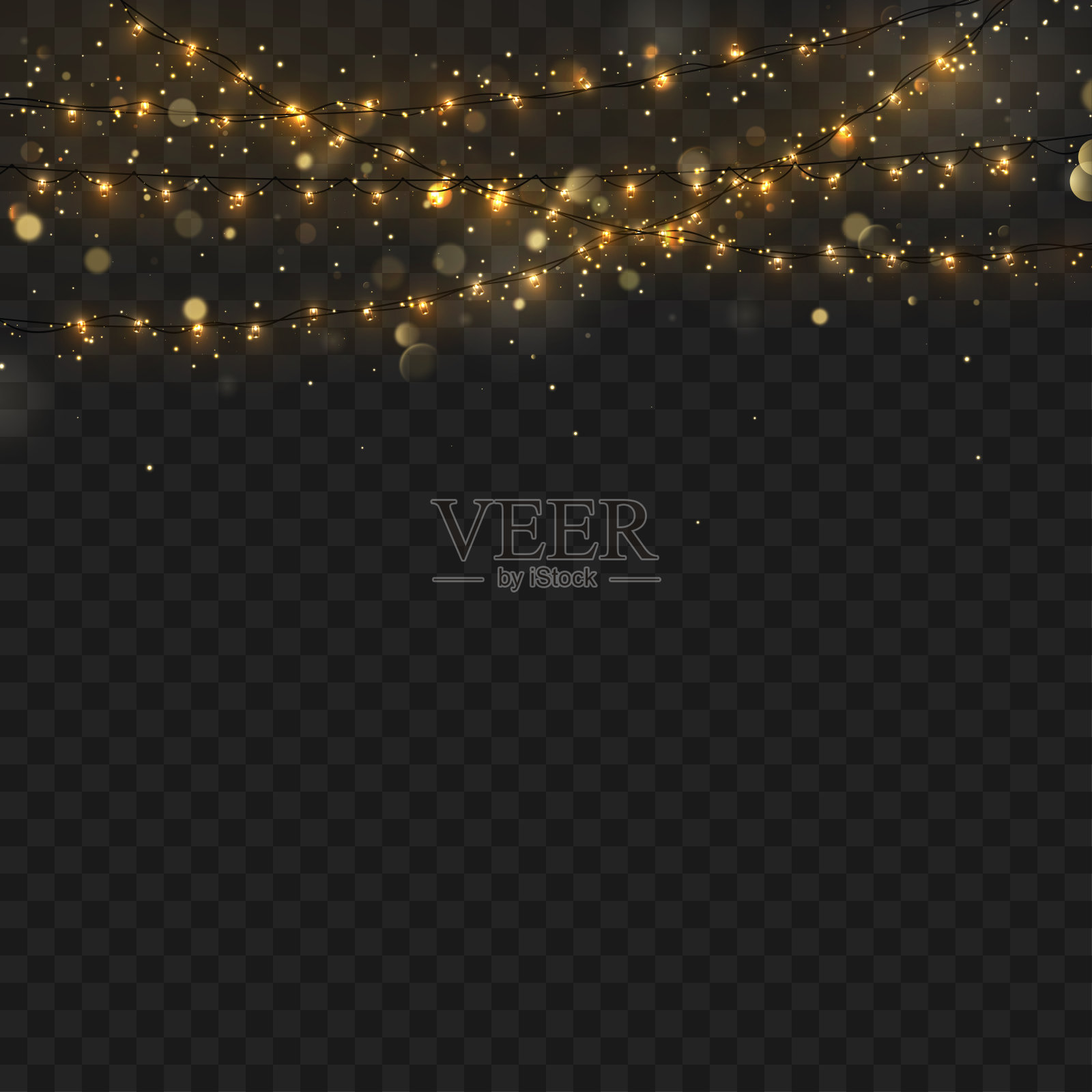 金色的串灯悬挂着，在透明的方格背景下柔和地发光。向量插画图片素材