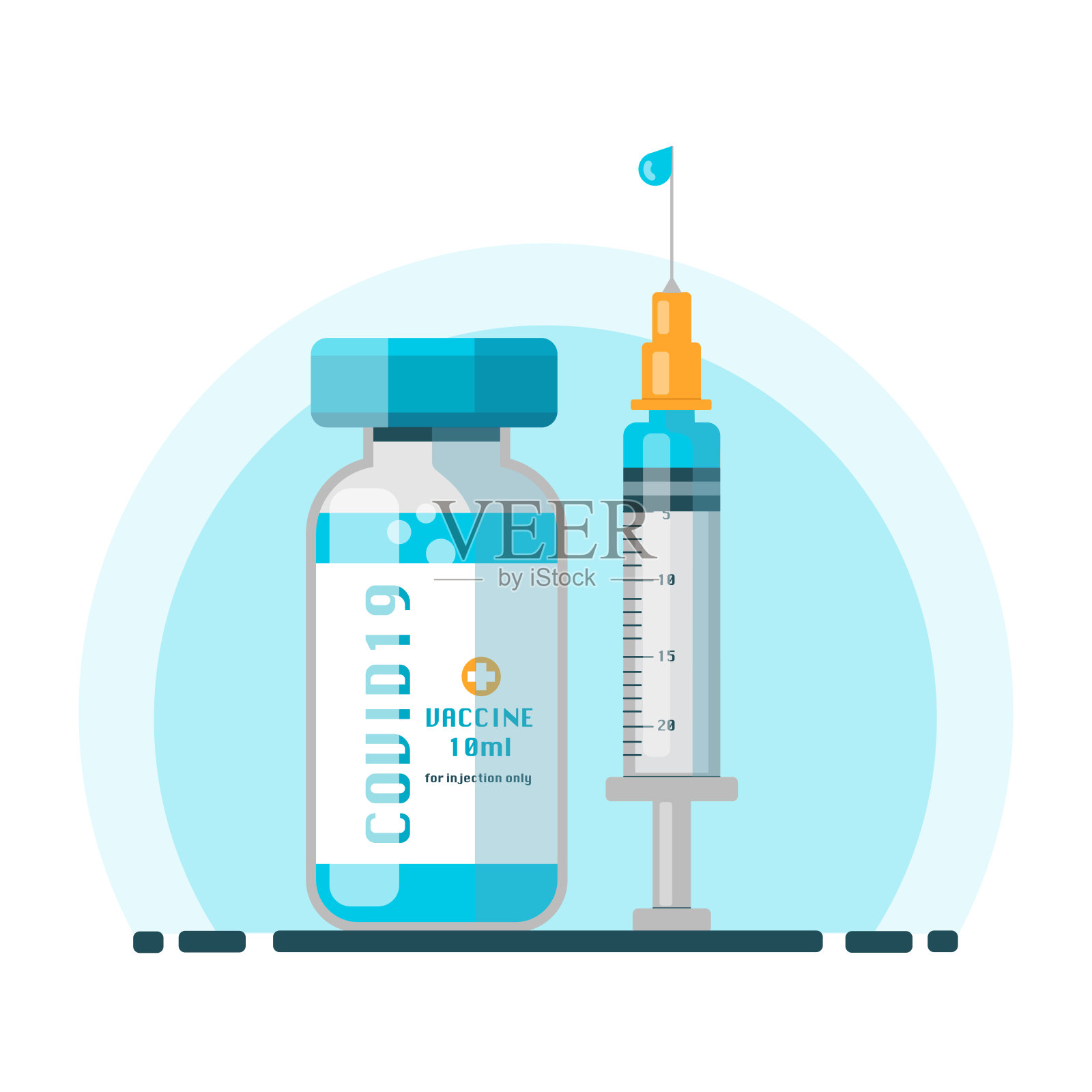 冠状病毒疫苗。注射器和疫苗瓶平面图标。插画图片素材