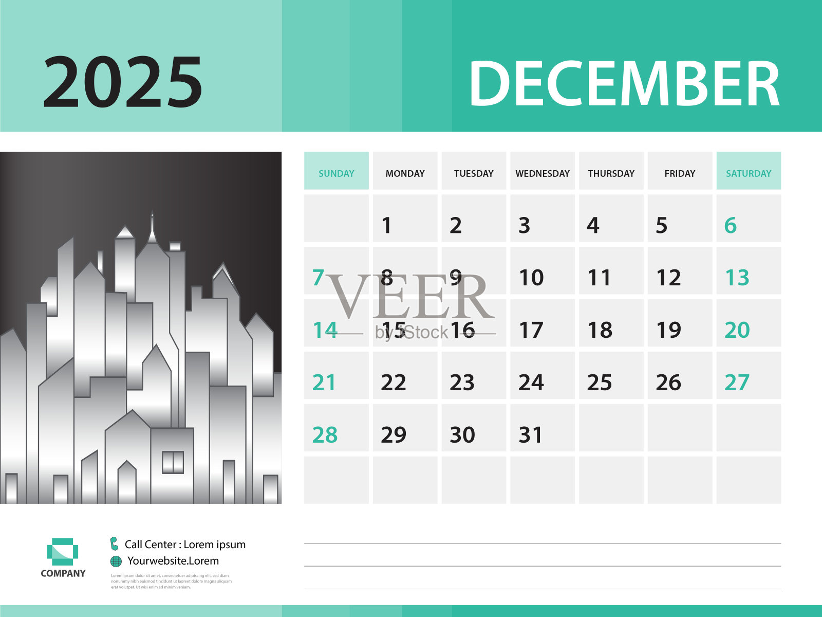 2025年12月-日历2025模板，台历2025年，周开始于周日，挂历设计，样本规划师，文具，海报，印刷媒体，绿色背景插画图片素材