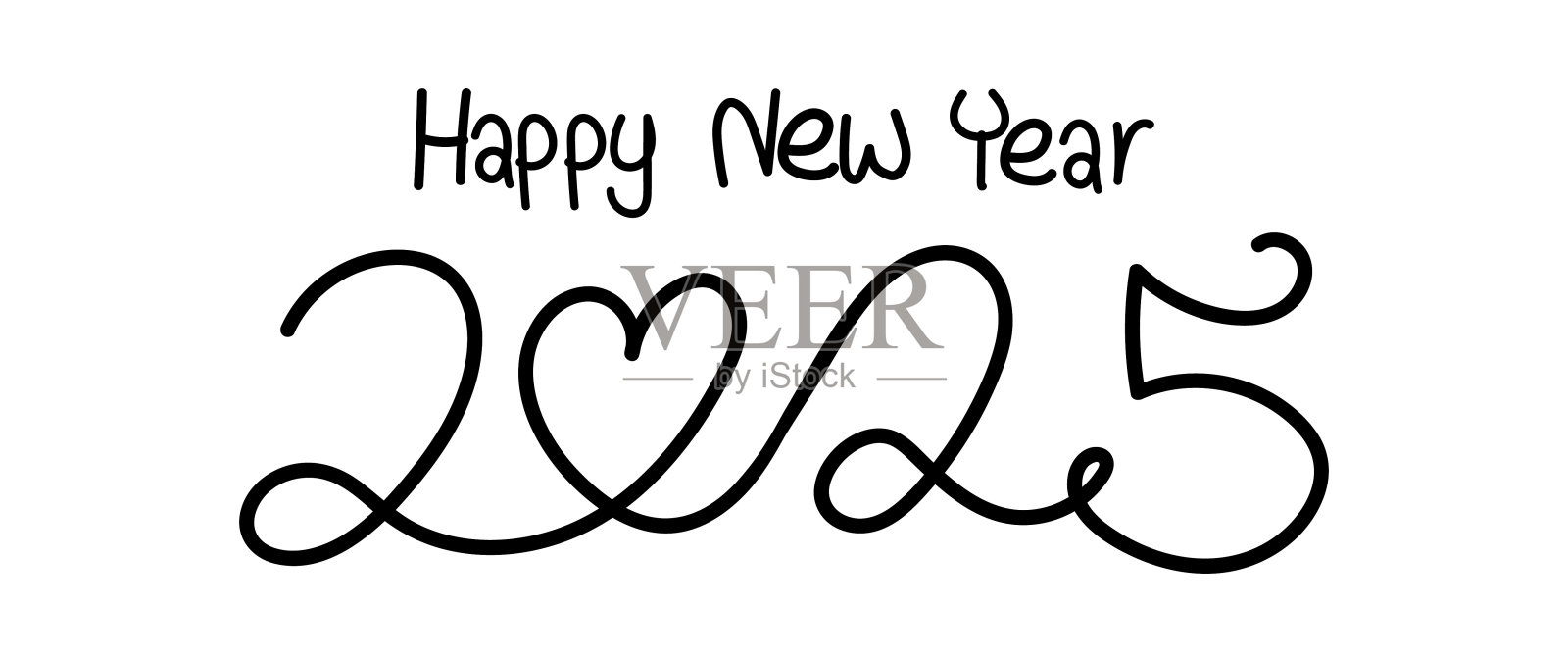 黑色2025年快乐白底一行艺术，手绘连续轮廓。节日观念，喜庆字。新年手写体文字，写生风格，简约设计。可编辑的中风。孤立。矢量图插画图片素材